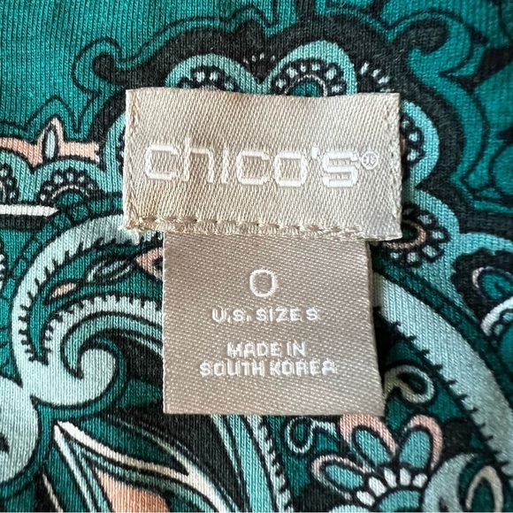 2/$30 Chico's 3/4 Sleeve Paisley Top blouse Asymmetrical Teal Blue SZ 0 = XS 4 - Picture 8 of 13